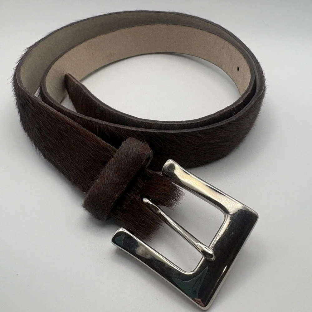 Vtg Halston Dark Brown Calf Hair Leather Belt Solid Brass Buckle Made in USA LG